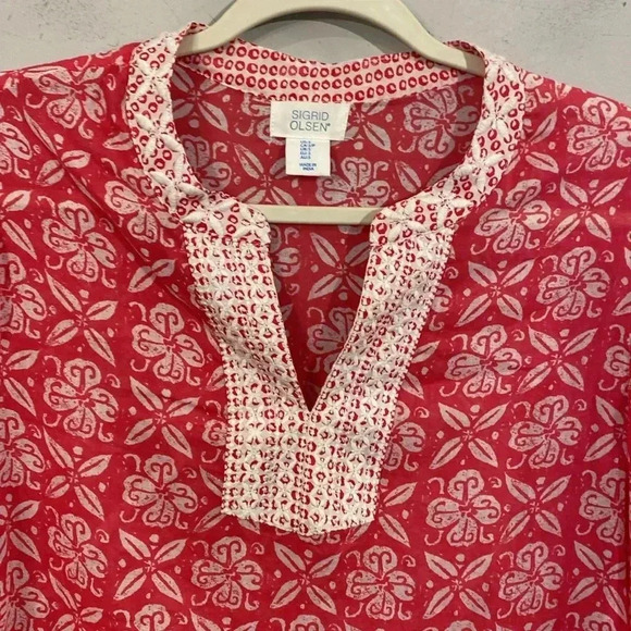 Sigrid Olsen Pink White Lightweight Embroidered 3/4 Sleeve Tunic Small - Picture 2 of 7